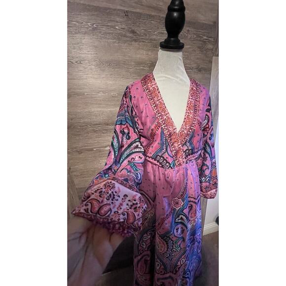 Vintage maxi dress sz M vacation resort Cleopatra Pink Long V Neck - Picture 3 of 10